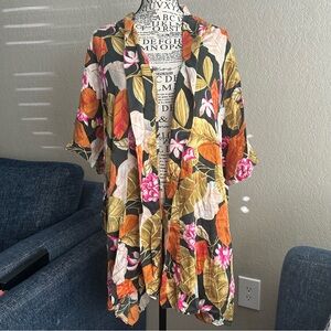 Vintage Silx August Silk Floral Kimono Robe Orange Pink Open Front Women Lounge